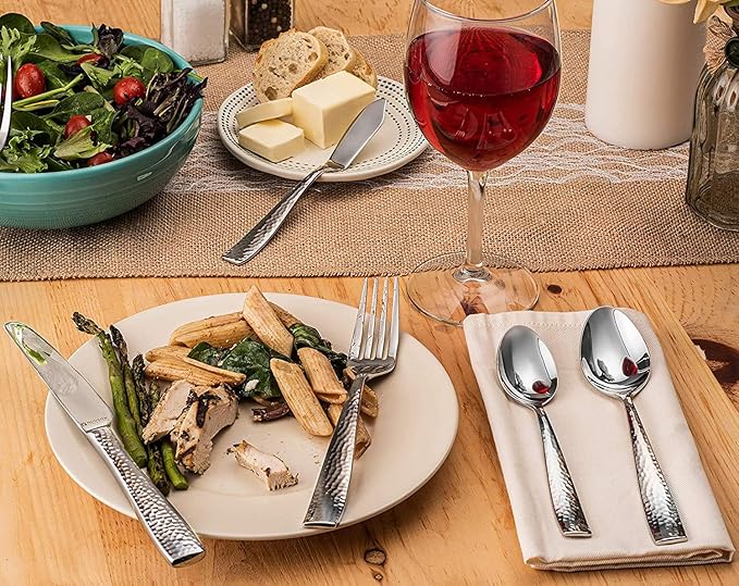 Hudson Essentials 60-Piece Hammered 18/10 Stainless Steel Silverware Cutlery Set, Flatware Service for 12