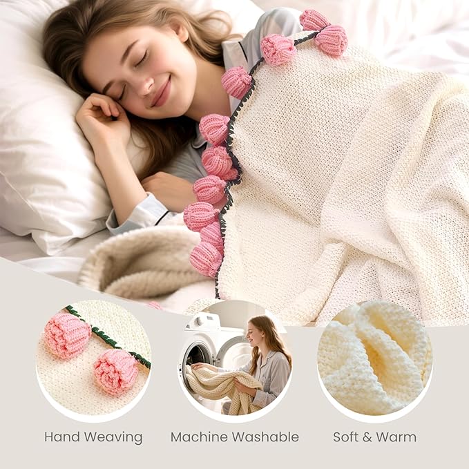 Flower Bouquet Blanket Gifts for Mom Grandma Wife Girlfriend,Completed Crochet Flower Blanket,Soft Knitted Throw Blankets,Gifts for Her Christmas Birthday Anniversary (Pink Roses)