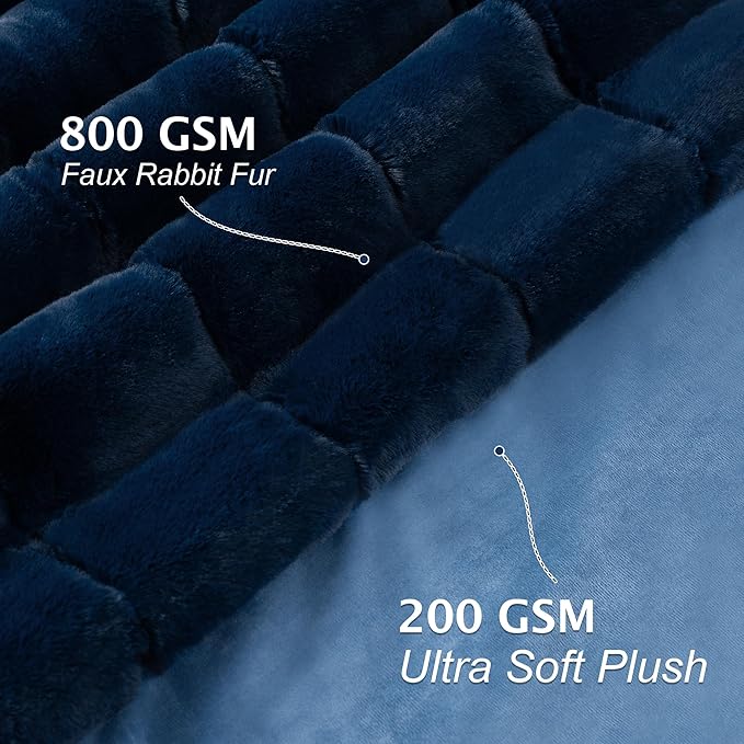 Touchat Faux Fur Throw Blanket, Luxury 1000GSM Ultra Thick Warm Rabbit Blanket for Couch Bed Sofa, 3D Checkered Pattern Lola Minky Comfort Blankets for Bedroom Living Room Women Gift, Blue