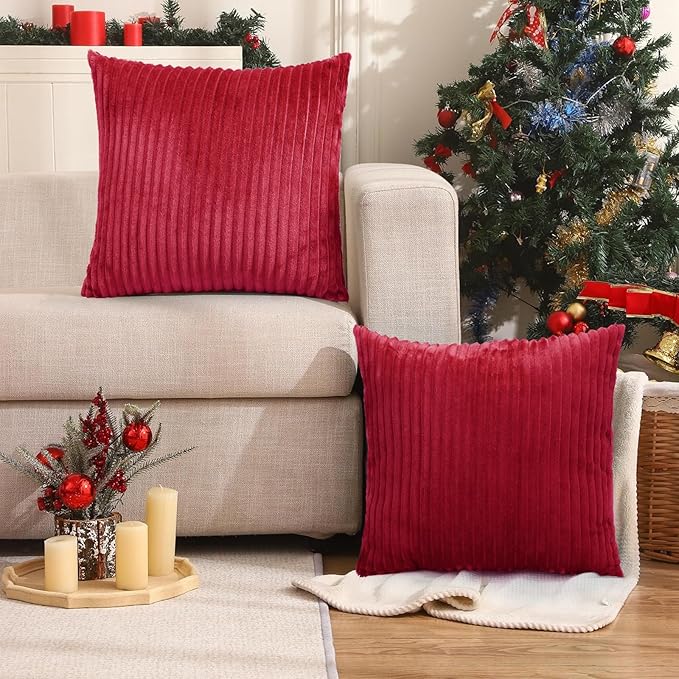 Simmore Decorative Fall Throw Pillow Covers 12x20 Set of 2, Soft Natural Plush Flannel Double-Sided Fluffy Lumbar Pillow Covers for Couch Sofa Living Room, Red