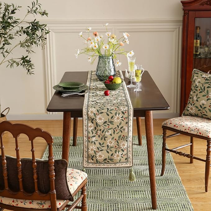 ISAENNE Designer Green Elegant Linen Table Runner 71 Inches Long,Flower and Leaves Pattern Wrinkle Resistant Table Runners for Dining Tables,Thanksgiving,Kitchen Tables,Christmas,12"*71"-Brune