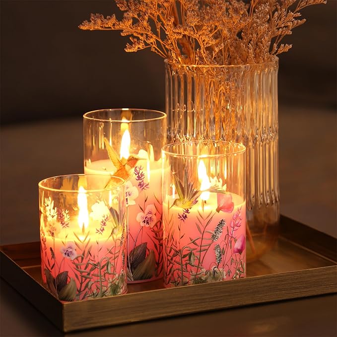 Pink Hummingbird Glass Flameless Candles with Remote, Flickering LED Pillar Candles Set of 3, Floral Candles Battery Operated Φ 3" H 4" 5" 6"
