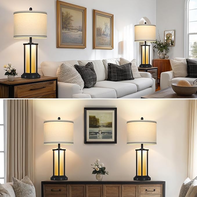 27" Tall Vintage Table Lamp Set of 2 with USB C+A & Outlet,Farmhouse Nightstand Lamp for Living Room,Rustic Retro Bedside Lamps with Red-Orange Glass Night Light for Bedroom Entryway,Black-2