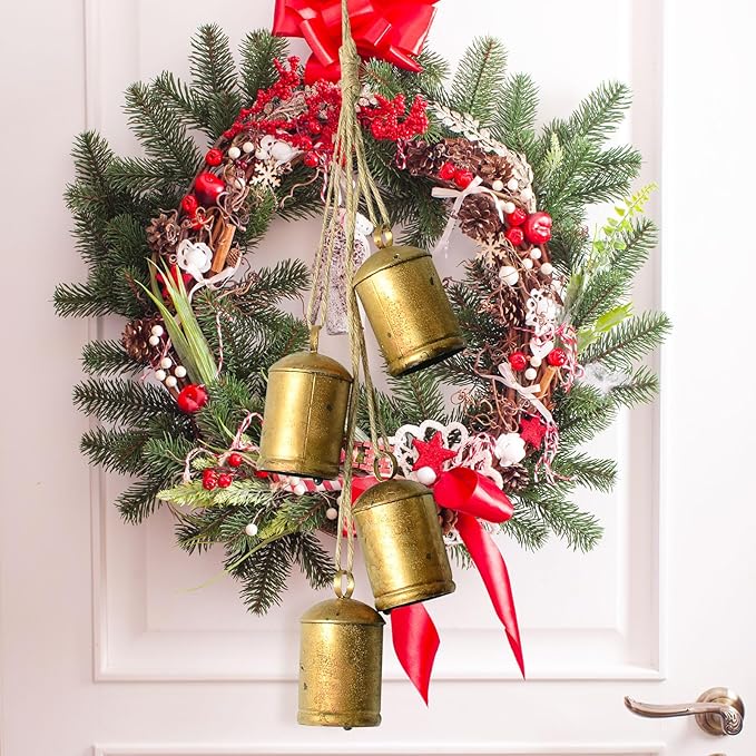 Styleonme Decorative Bells, Christmas Bell, Metal Indoor and Outdoor Blessing Bells, 4-Piece Set of Harmonious Bells, Vintage Handmade and Rustic Lucky Christmas Bells Hanging on a Rope