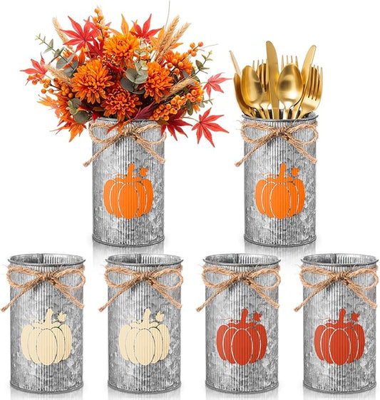 Domensi 6 Pcs Fall Table Centerpiece Pumpkin Vases Thanksgiving Decor Galvanized Metal Vases for Flowers Farmhouse Mason Jars Utensil Holder for Fall Home Thanksgiving Autumn Harvest Decorations