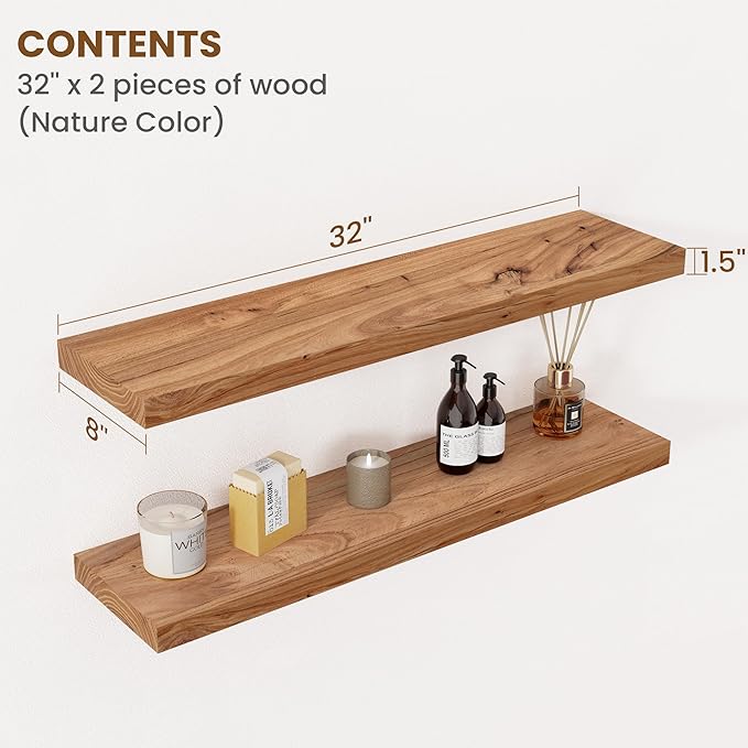 Floating Shelves for Wall Decor, 8" Deep Rustic Solid Elm Wood Floating Shelves Wall Mounted, Wall Shelves with Invisible Bracket for Living Room Bathroom Bedroom Kitchen, 32 Inch Set of 2, Natural
