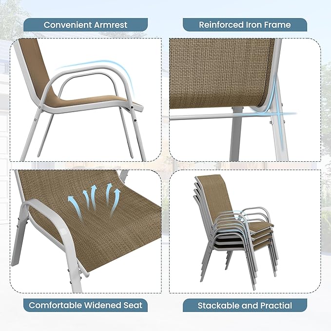 Amopatio Patio Chairs Set of 6, Stackable Dining Chairs for All Weather, Silver Outdoor Chairs Garden Outdoor Furniture for Backyard Deck, Brown