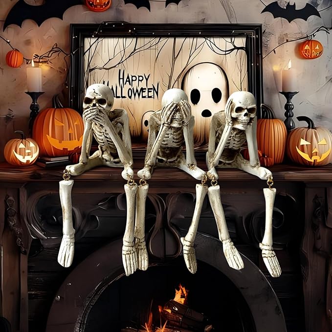Halloween Skeleton Statues Set of 3 – See No Evil, Hear No Evil, Speak No Evil, Resin Skull Figurines for Gothic Home Decorations, Shelf Mantel Decor, Tabletop Halloween Decor Indoor (Speak no Evil)