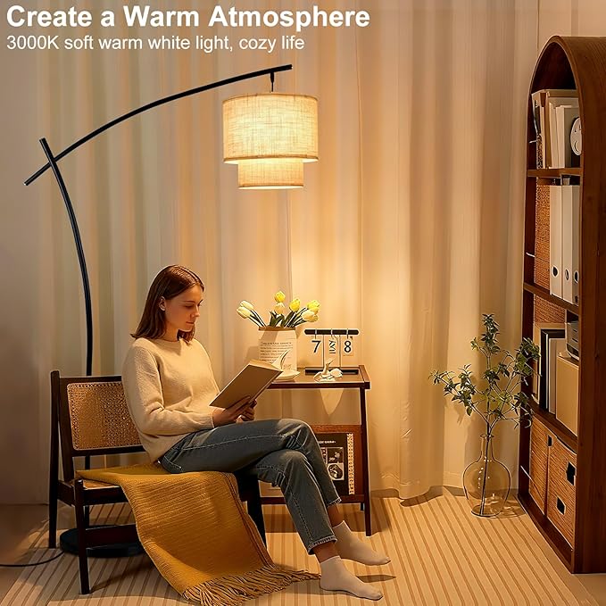Lightdot Arc Floor Lamp for Living Room, Modern Standing Tall Lamps with Double Linen Lampshade, Tall Hanging Pole Lamp with Stable Metal Base & Foot Switch for Bedroom Home Office-Black