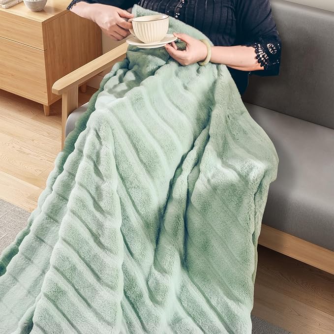 NEXHOME PRO Faux Fur Throw Blanket Sage Green, Soft Cozy Plush Fleece Blanket for Sofa Couch Bed Living Room, Dual Sided Blankets for Women Men Kids 50 * 60 Inches