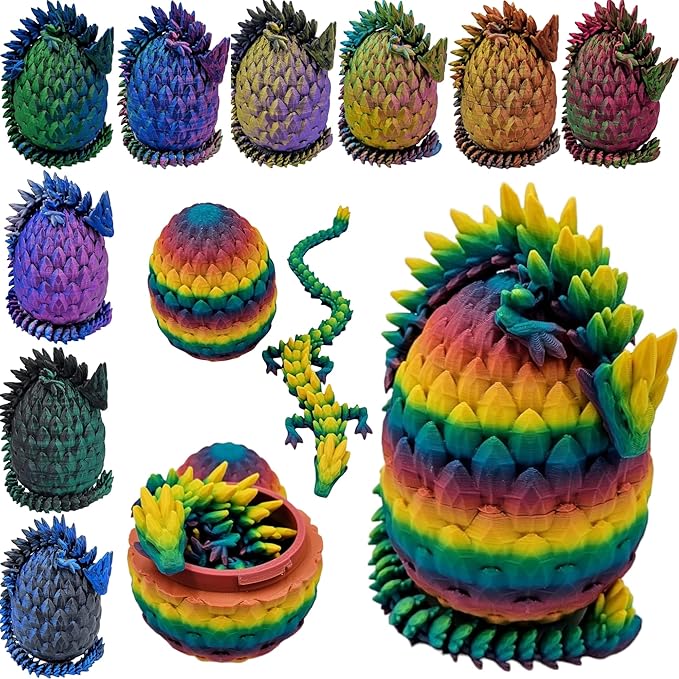 3D Printed Dragon Egg Articulating Gemstone Dragon Fidget Figurine - Vibrant Color Dragons Flexible ADHD, Autism and Anxiety Relief - Articulated Joints (Rainbow)