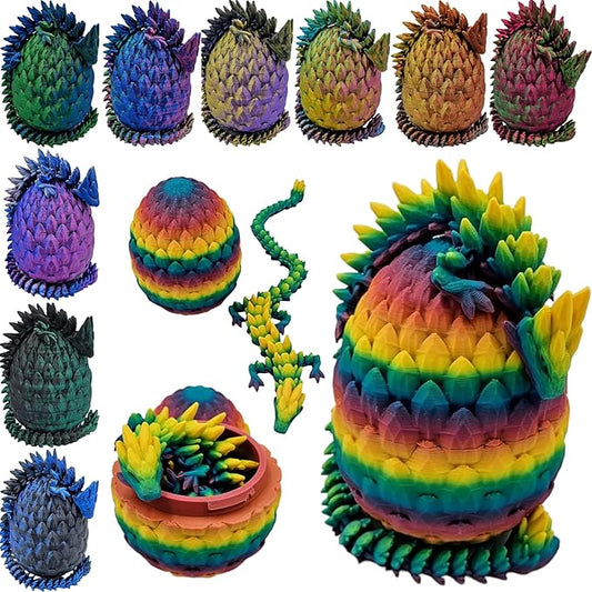 3D Printed Dragon Egg Articulating Gemstone Dragon Fidget Figurine - Vibrant Color Dragons Flexible ADHD, Autism and Anxiety Relief - Articulated Joints (Rainbow)