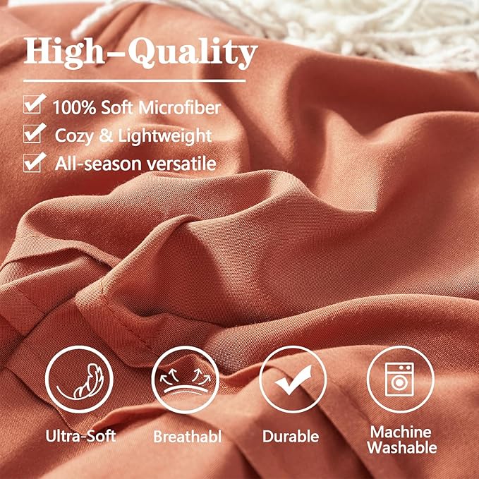 Yogeneg Full Size Comforter Set 7 Piece Bed in a Bag,Grid Pinch Pleat Terracotta Bedding Set,Striped Textured Soft Microfiber Comforter with Sheet Set,All Season Complete Bed Set(Terracotta,Full)