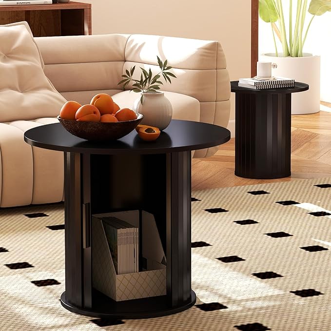Nesting Coffee Table Set of 2 with Hidden Storage & Sliding Door, Circle Wood Coffee Table, Farmhouse Side & End Table Sets for Living Room, Small Spaces, Black