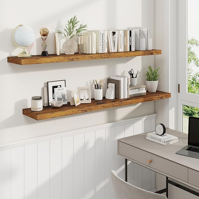 Fun Memories 55 Inch Fireplace Mantel Shelf -Long Floating Shelves, Deep Wall Mounted Farmhouse Display Shelves with Invisible Heavy Duty Metal Bracket, Brown, 2 Pack