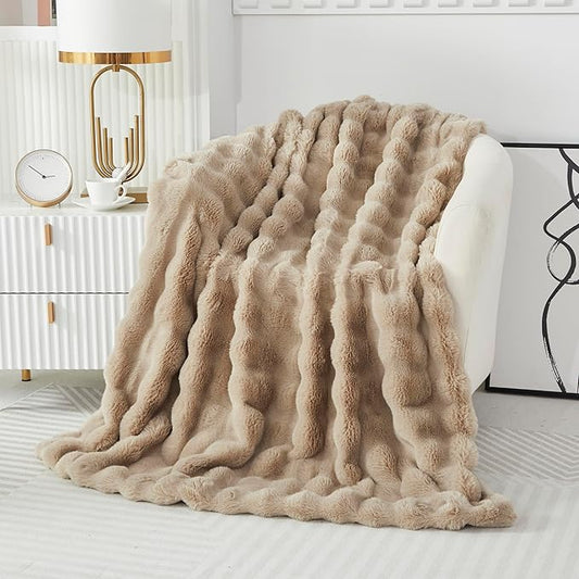 Faux Fur Throw Blanket for Couch Cozy Fuzzy Soft Plush Thick Fluffy Fleece Bubble Blanket for Sofa Bedroom Living Room, 51x63 Inches Camel