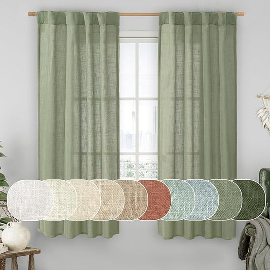 LAMIT Sage Green Linen Semi Sheer Curtains 63 Inch for Bedroom, Light Filtering Neutral Window Curtains Farmhouse Boho Back Tab and Rod Pocket Panels, 2 Panels, 38 x 63 Inch
