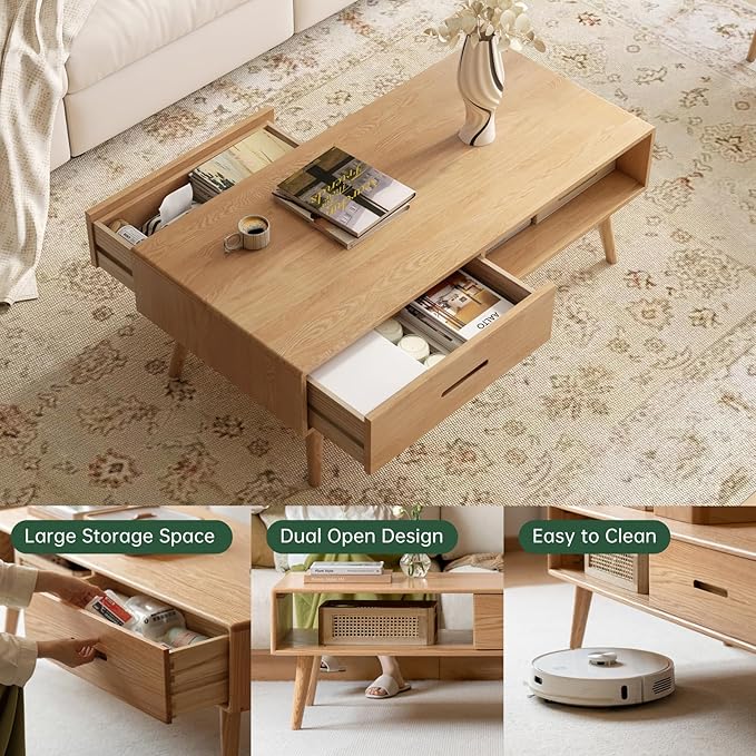 100% Solid Wood Coffee Table for Living Room, Living Room Table with Shelf Storage and 2 Drawers, Mid Century Modern Table,Oak Coffee Table for Home (Natural Colour, 47.24'' W)