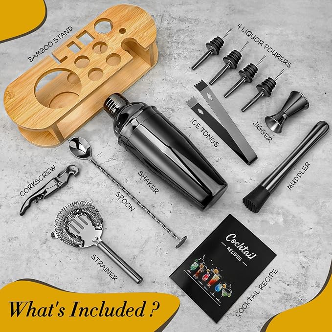 Cocktail Shaker Set Bartender Kit with Stand, Stainless Steel Drink Mixer Set with All Essential Accessories, Professional Bar Tool Set Bartending Kit, Gifts for Home Bar and Men Dad Women