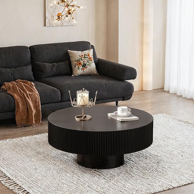 Modern Wood Coffee Table - Handcraft Drum Coffee Tables with Sturdy Base, Easy Assembly, Contemporary Style Small Coffee Table Tea Table for Living Room, Bedroom, Office (Black Thick)