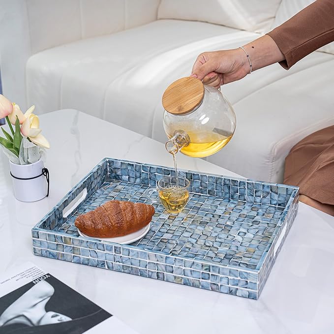 PEMAR Rectangular Mother of Pearl Serving Tray Nacre Wood Lap Ottoman Tray for Coffee Table, Luxury Decorative Handmade Eating Platters w Insert Handles (Blue)