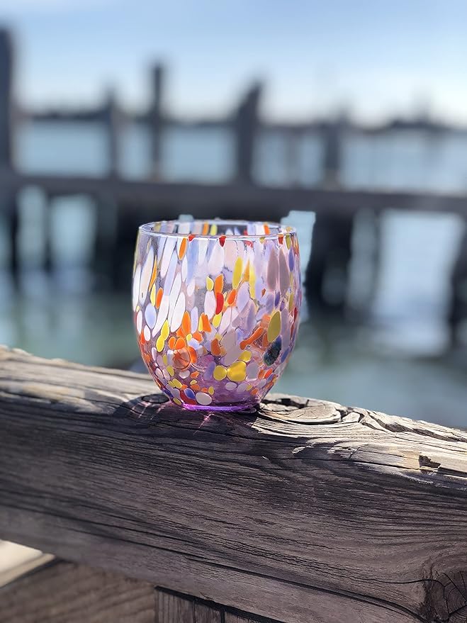 MAZZEGA ART & DESIGN - Set of 6 Handcrafted Blown Glass Water Glasses with Refined and Original Murano Murrine - The Colors of Murano - 'Classic 9,8 oz' Model. Made in Italy (6, Purple)