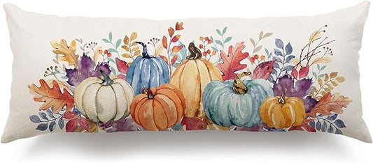 DFXSZ Fall Pillow Covers 14x36 inch Blue and Green Watercolor Pumpkin Fallen Leaves Decorative Throw Pillow Covers Autumn Thanksgiving Farmhouse Decoration for Home Couch TH27-E14