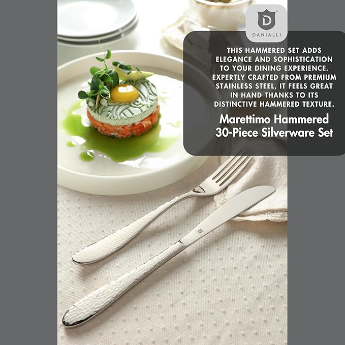 Hammered Silverware Set | Premium 18/10 Stainless Steel Flatware Service for 6 | Heavy-Duty & Dishwasher Safe | Built to Last (30-Piece, Marettimo Hammered)