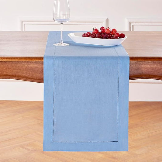 Solino Home Linen Cornflower Blue Table Runner 108 Inches Long - 100% Pure Linen Hemstitch 14 x 108 Inch Table Runner for Dining, Christmas, Holiday - Classic Hemstitch