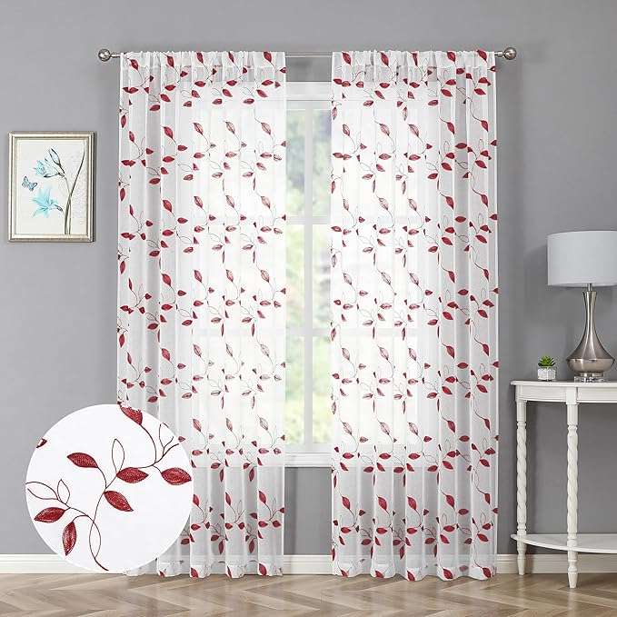 Tollpiz Burgundy Red Leaf Sheer Curtain Leaves Embroidered Bedroom Curtains Rod Pocket Voile Window Treatment for Living Room, 54 x 95 inches Long, Set of 2 Panels