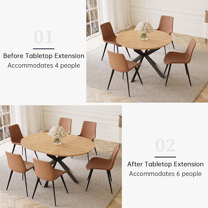 43.2"-59.1" Extendable Round Dining Table, Mid Century Modern Wooden Round Table, Leisure Oak Coffee Table,Saving Space