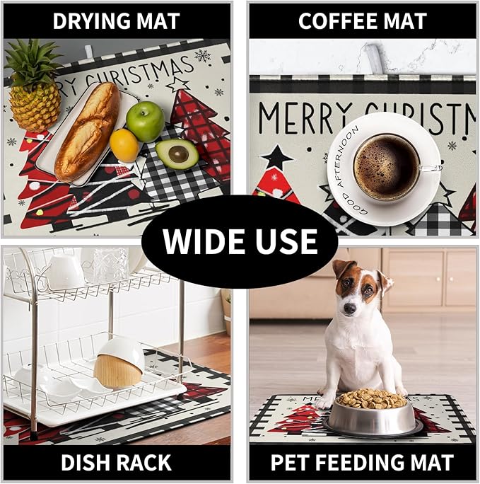 Merry Christmas Dish Drying Mats for Kitchen Counter 16x18 Buffalo Plaid Christmas Tree Microfiber Absorbent Drying Mat Seasonal Winter Holiday Drying Pad Dish Drainer Mat for Coffee Bar Sinks