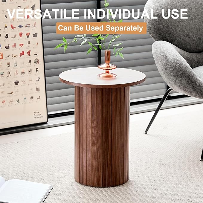 Round Nesting Coffee Tables Set of 2 -φ27.6 Large Short + φ15.8 Small Tall Boho Circle Side Tables with Fluted Drum Design, Brown