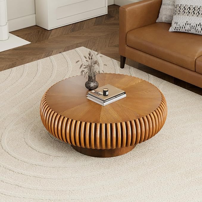 Fluted Drum Coffee Table Round Coffee Table for Living Room Mid Century Modern Coffee Tables with Sturdy Pedestal Circle Center Tea Table Accent Tea Table for Small Space Apartment (31.5" Brown)
