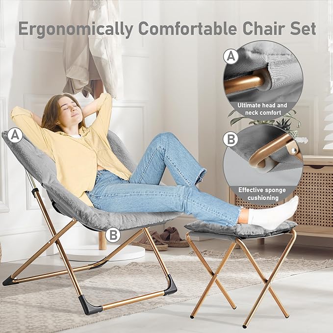 Comfy Oversized Saucer Chair with Ottoman,Soft Faux Fur Reading Lounge Chair for Adults,Stable X-Large Metal Frame and Non-Slip Pad,Cozy Chair for Bedroom, Living Room, Dorm, Light Gray
