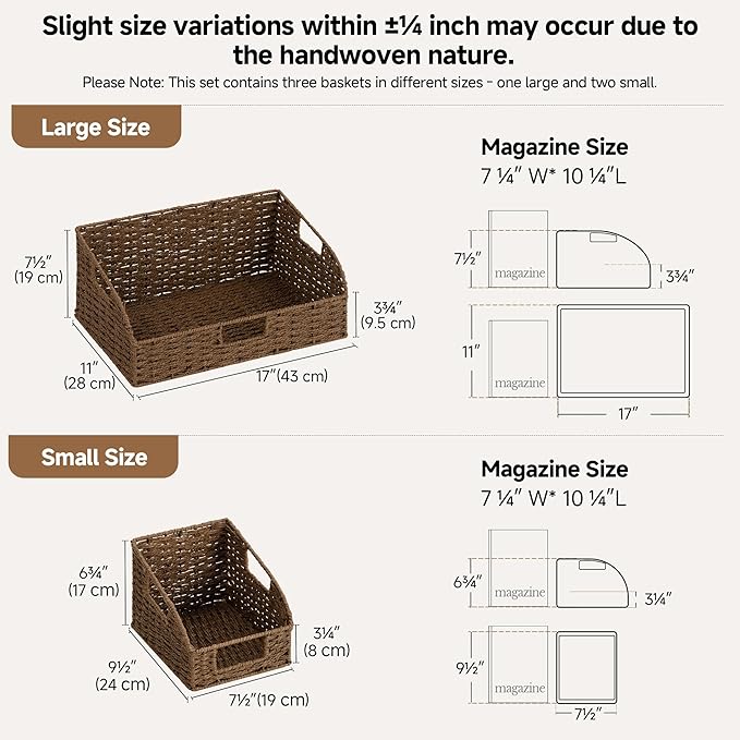 StorageWorks Paper Rope Pantry Storage Baskets, Wicker Baskets with Built-in Handles, Handwoven Shelf Baskets for Organizing, Pantry Organizers and Storage, Brown, 3 Pack