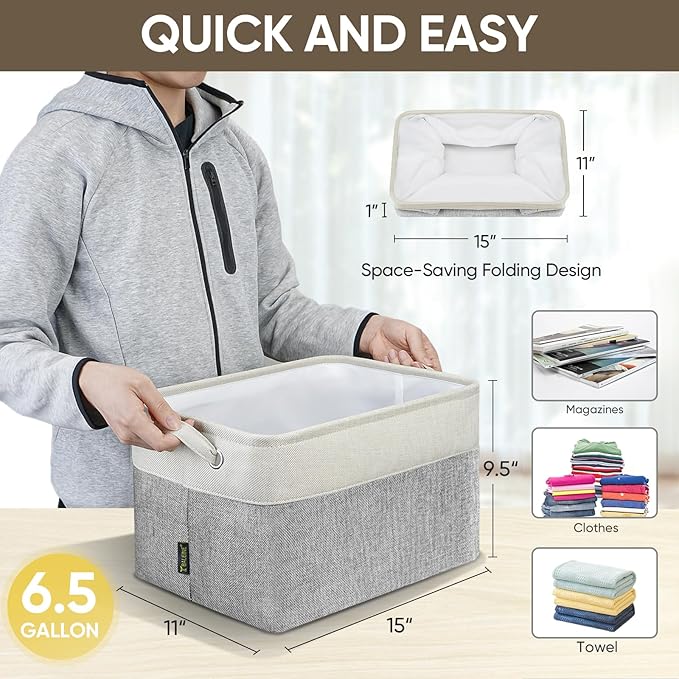 BALEINE 3 Pack Fabric Storage Bins for Shelves, Linen Storage Baskets for Organizing, Decorative Closet Bins for Clothes, Home (Grey, 15"x11"x9.5")