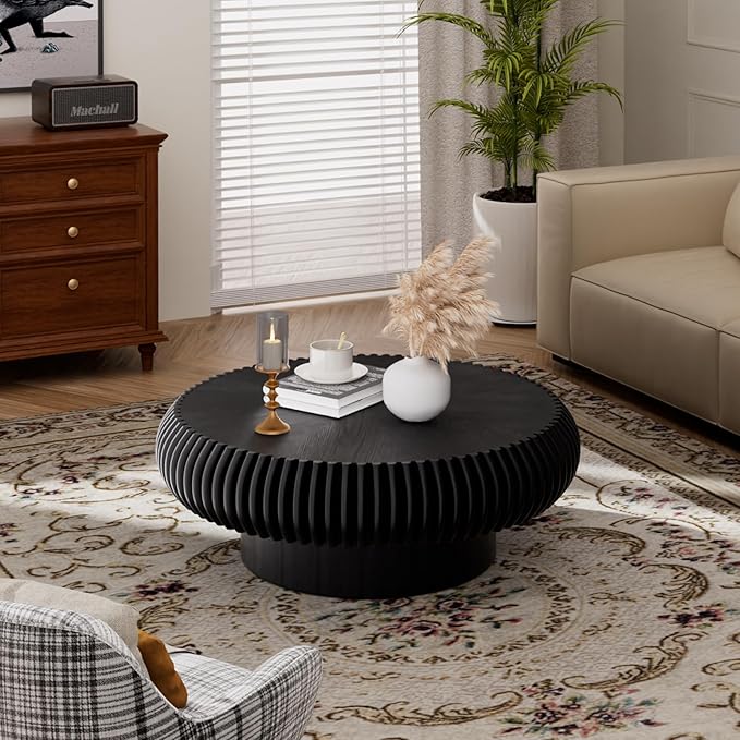 Fluted Drum Coffee Table Round Coffee Table for Living Room Mid Century Modern Coffee Tables with Sturdy Pedestal Circle Center Tea Table Accent Tea Table for Small Space Apartment (31.5" Black)