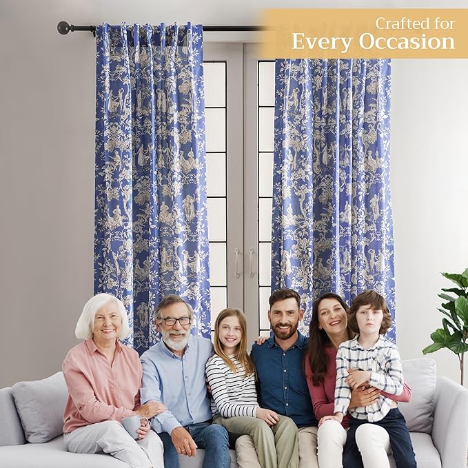 Maison d' Hermine Curtains for Living Room 100% Cotton 96 inch Length Two Panels Light Filtering Toile Curtains for Bedroom Windows with Rod and Loop Pockets Drapes (Joli Jouy Blue, 50" W x 96" L)