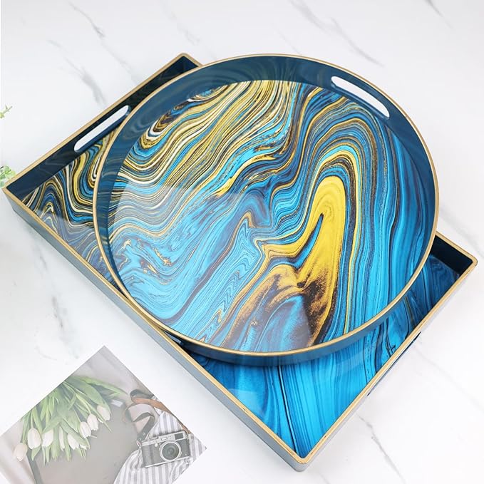 Spsyrine Round Decorative Tray, 13" Plastic Marble Serving Tray with Handles for Breakfast, Ottoman, Coffee Table, Bathroom, Kitchen, Living Room