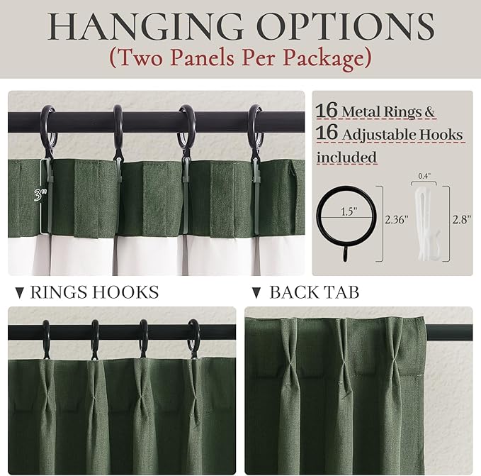 100 Inch Curtains for Classroom, 100 Percent Blackout Thermal Window Curtains for Sliding Glass Door Dark Olive Green Moody Heavy Duty Drapes Linen Pinch Pleated (40W x 100 x 2 Panels)