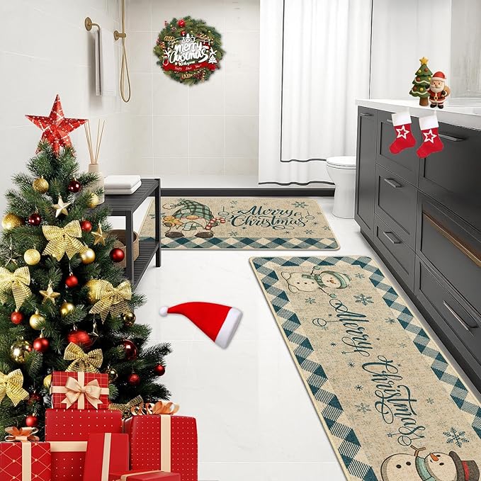 Christmas Snowflake Gnome Kitchen Rugs and Mats Non Skid Washable Set of 2, Winter Snowman Xmas Kitchen Mats for Floor Decor