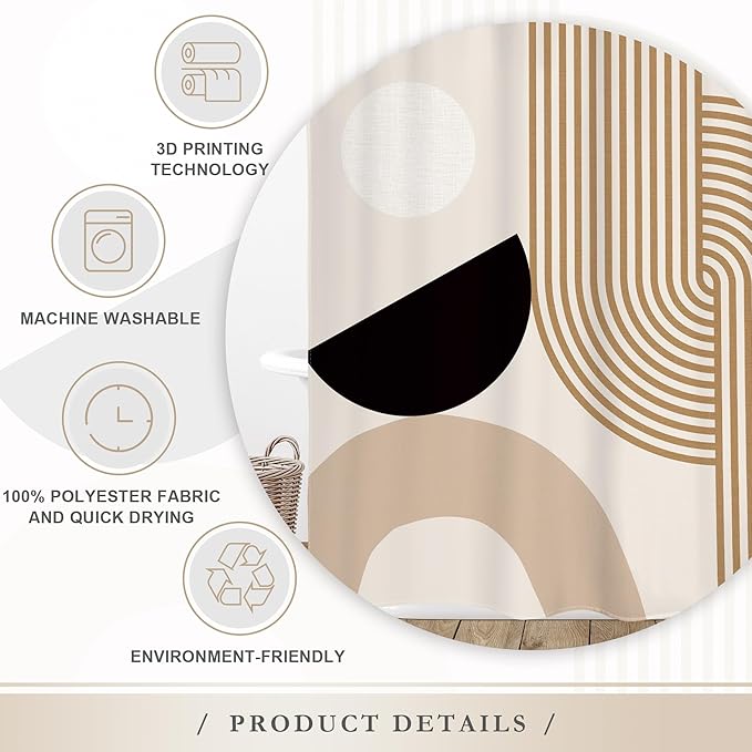 Glawry Mid Century Boho Shower Curtain Abstract Beige Stripe Geometry Arch Simple Minimalist Geometric Bathroom Modern Aesthetic 60Wx72L Inches Bath Accessories Art Home Decor Fabric 12 Pack Hook