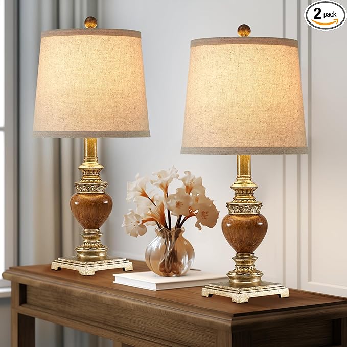 21'' Small Table Lamps for Bedroom Set of 2 Rustic Farmhouse Bedside Nightstand Lamps Traditional Side Table Lamps for Living Room Kids Home Office, Wooden Finish, Gold, Bulbs Not Include