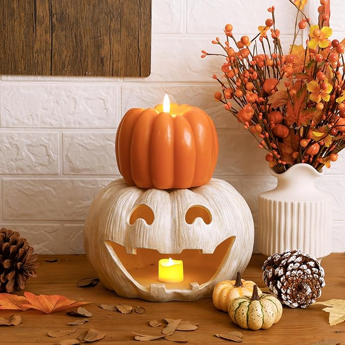Fall Flameless Led Pumpkin Candles with Remote, Real Wax Pumpkin Shaped Battery Operated Flickering Candles with Timer for Thanksgiving Decor, Fall Home Decor, Halloween Decorations, Orange