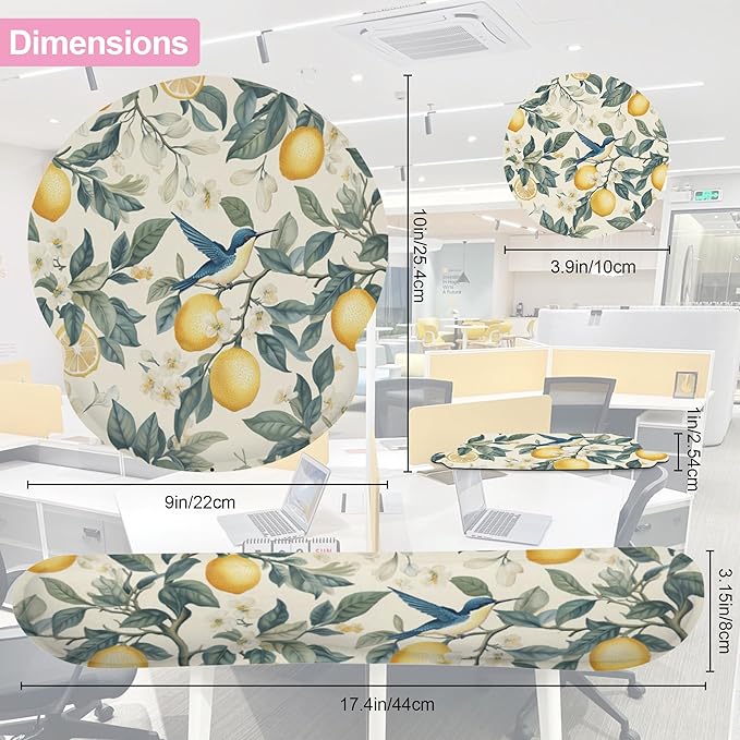 Hummingbird Vintage Lemon Mouse Pad with Wrist Rest Set, 3-in-1 Wrist Support Mousepad Set, Gaming Mat Pad with Anti-Skid Base,Ergonomic Memory Foam Mouse Pad Set for Women, Office, Typing, Gaming