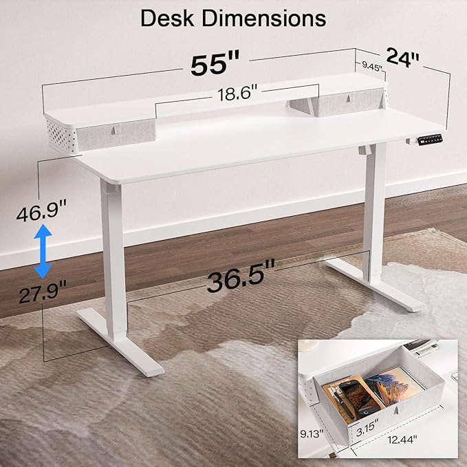 55 x 24 Inch Standing Desk with 2 Drawers, Easily Assembled Height Adjustable Desk, Ergonomic Sit to Stand Electric Desk for Home Office Workstation, White
