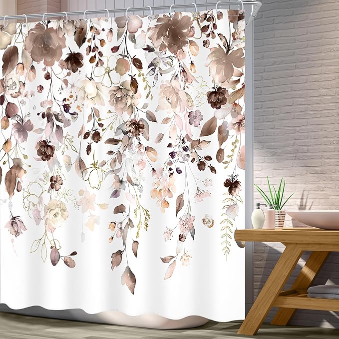 Brown Floral Shower Curtain 72Wx72L Inch Autumn Fall Flower Tan Watercolor Eucalyptus Leaf Pastel Bathroom Set Country Shabby Botanical Plant Bath Curtain Bathtub Accessories Home Decor