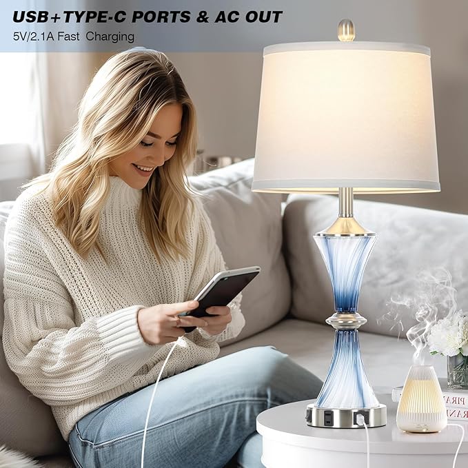 Blue Glass Table Lamp Set of 2 with USB C+A Ports & AC Outlet, Bedside Lamp, Modern Bedroom Lamps, Coastal Lamp for Night Stands Bedroom Living Room,Nightstand Lamp LED Bulbs Included