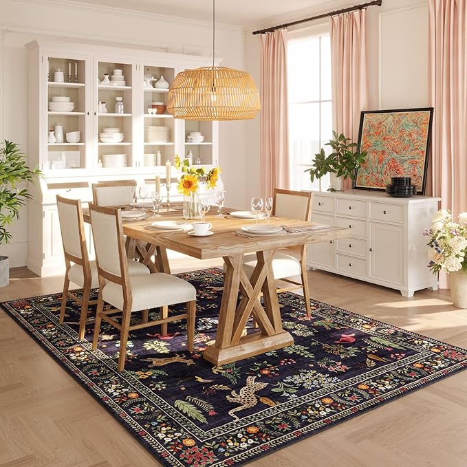 Rugcomf Area Rugs 8x10 Rug for Living Room Clearance Washable Boho Area Rug Non Slip Floral Animal Vintage Low Pile Large Rug for Living Room, Bedroom, Farmhouse, Dining Room, Kids Playroom (Blue)